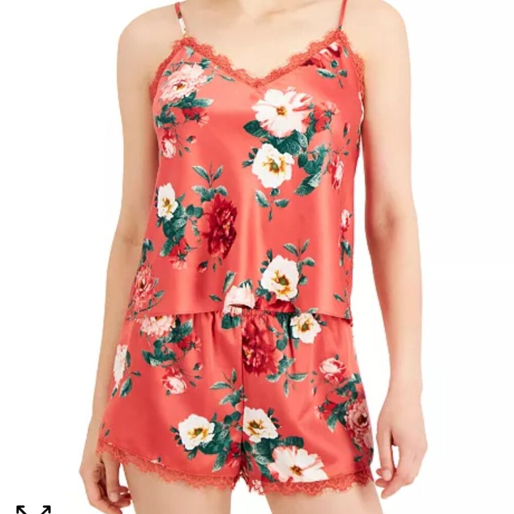 I.N.C Women's Lace-Trim Floral Satin PJ set